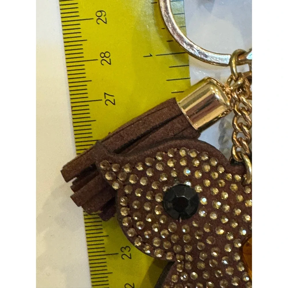Brown Rhinestone Owl Keychain Gold Tassel Bag Charm Lobster Clasp Accessory
